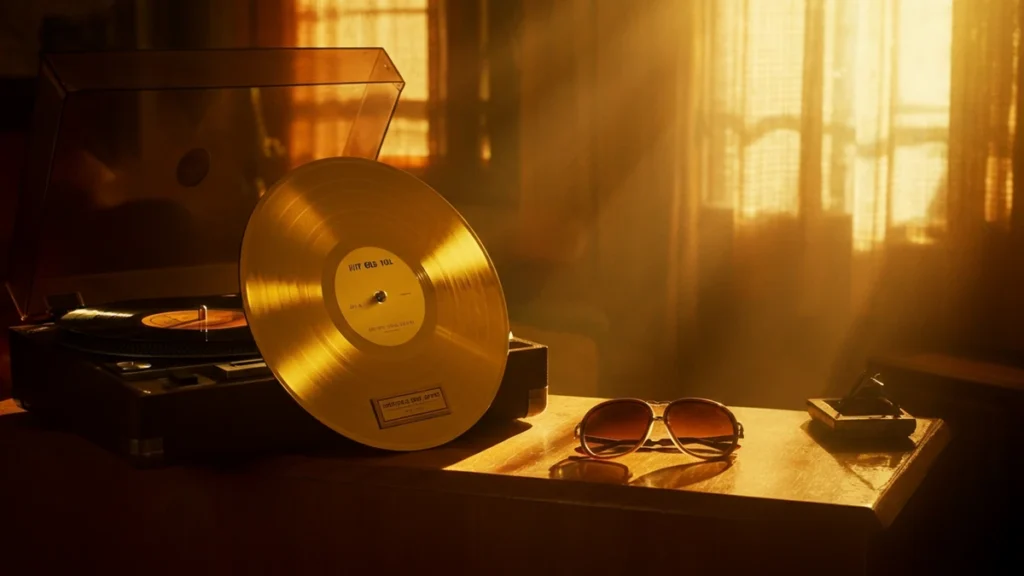 A gold record award for a hit pop song leaning against a vintage turntable in a sunlit, retro-styled room.