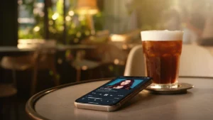 A smartphone on a cafe table showing a #1 song on a streaming app, next to a glass of iced espresso.