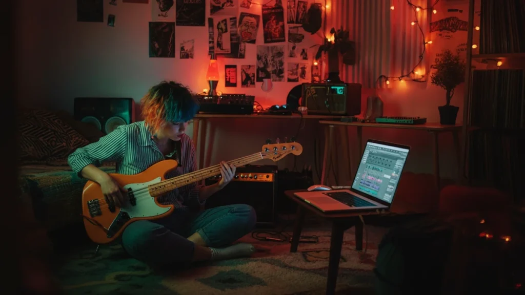 A young musician with colorful hair plays a bass guitar in a vibrant, messy bedroom studio with a laptop and lava lamp.
