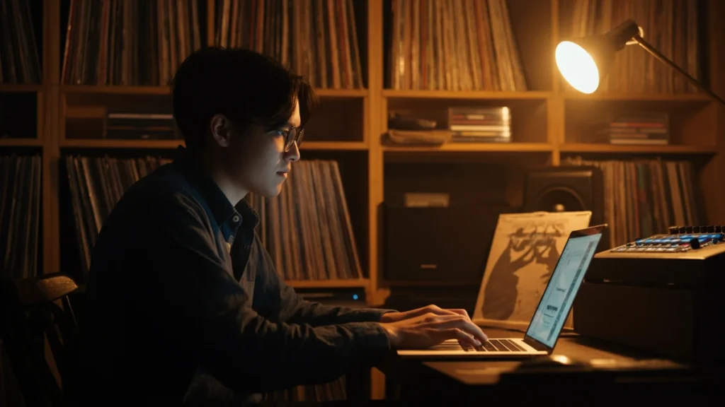 A musician in a home studio looks at a laptop, surrounded by shelves of vinyl records and CDs representing a back catalog.