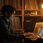 A musician in a home studio looks at a laptop, surrounded by shelves of vinyl records and CDs representing a back catalog.