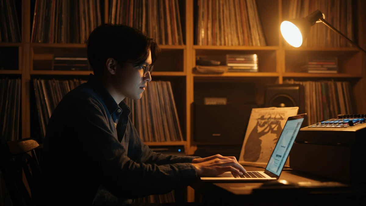 A musician in a home studio looks at a laptop, surrounded by shelves of vinyl records and CDs representing a back catalog.