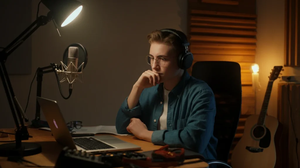A young musician sits at a desk in a home recording studio with a laptop, microphone, and headphones.
