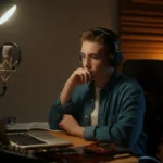 A young musician sits at a desk in a home recording studio with a laptop, microphone, and headphones.