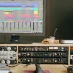 A home studio desk with an Ableton Live session on screen and outboard preamps and compressors below